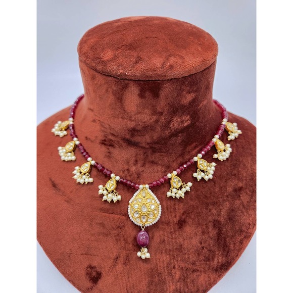 22k Gold Ruby Diamond Necklace set - Picture 3 of 7